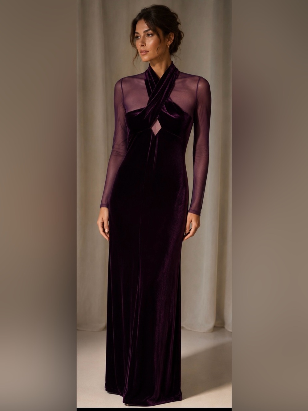 Elegant yet sexy Plum Purple velvet illusion with peekaboo center. Size 4